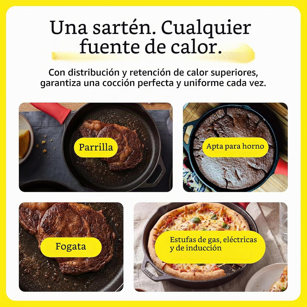 Sartén de hierro fundido Lodge con minimango rojo de silicona de 8 pulgadas