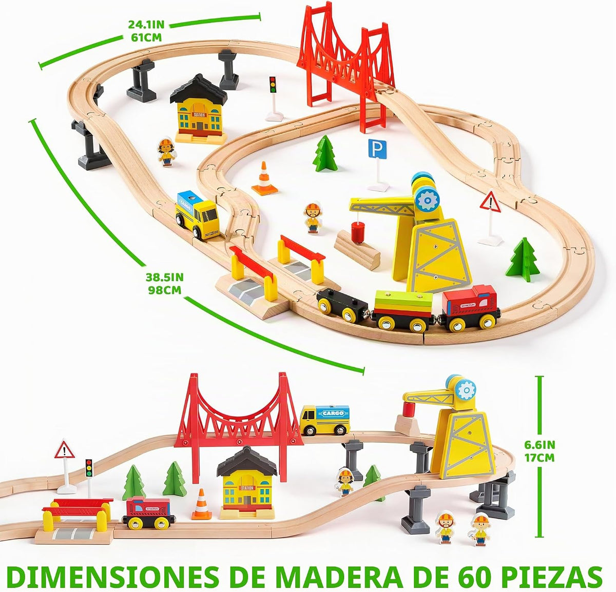 Juego de trenes de madera de 60 piezas, trenes magnéticos de juguete con pista de madera para niños de 3 a 8 años, juego de tren de grúa de construcción, regalo perfecto de cumpleaños de Pascua para nietos, niños y niñas