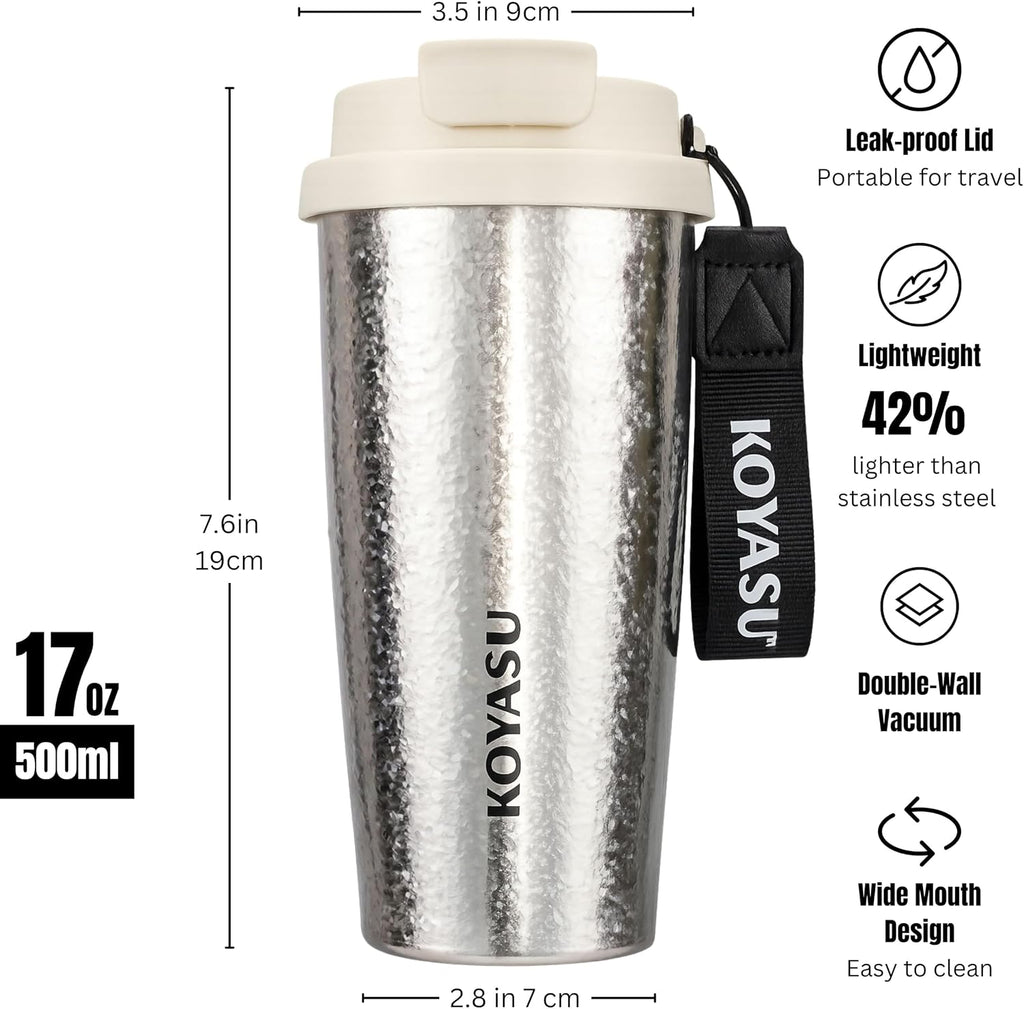 KOYASU Ti-Zero - Vaso de viaje de titanio puro de 16 onzas, taza de café aislada de doble pared con tapa, sin sabor metálico, sin BPA, cuerpo de taza de 5.29 oz, apto para lavavajillas, caliente 6 horas / frío 12 horas (cristal lunar)