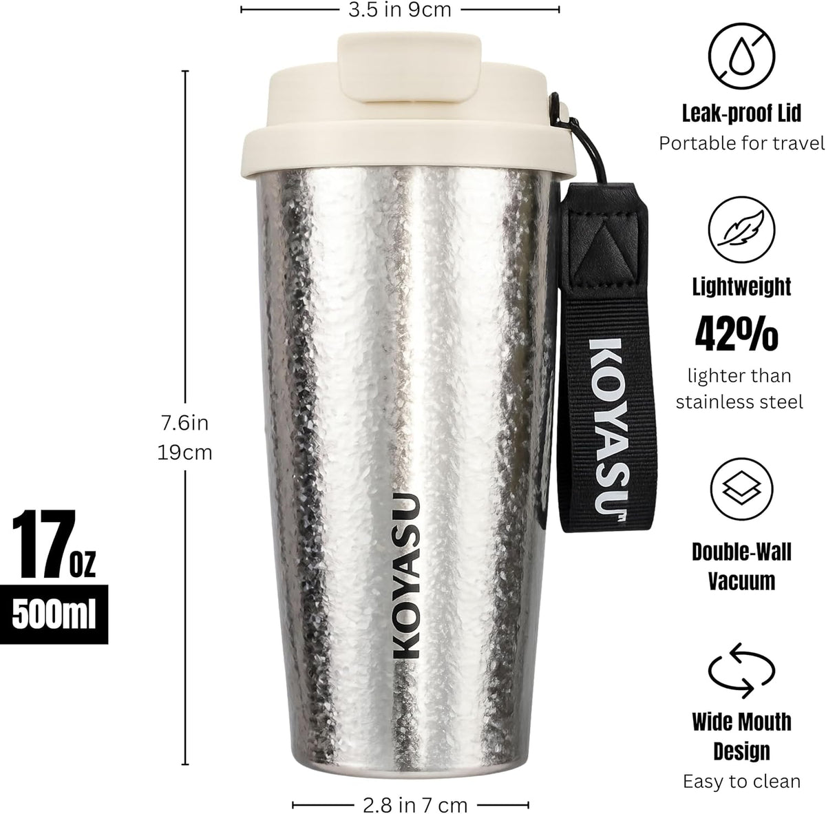 KOYASU Ti-Zero - Vaso de viaje de titanio puro de 16 onzas, taza de café aislada de doble pared con tapa, sin sabor metálico, sin BPA, cuerpo de taza de 5.29 oz, apto para lavavajillas, caliente 6 horas / frío 12 horas (cristal lunar)