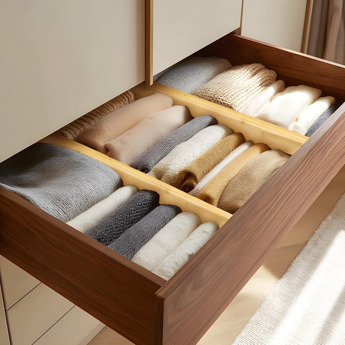 VaeFae Paquete de 6 separadores de cajones de bambú, 4 pulgadas de alto ajustables de 16.6 a 21.8 pulgadas, separadores expandibles para dormitorio, baño, cocina, oficina