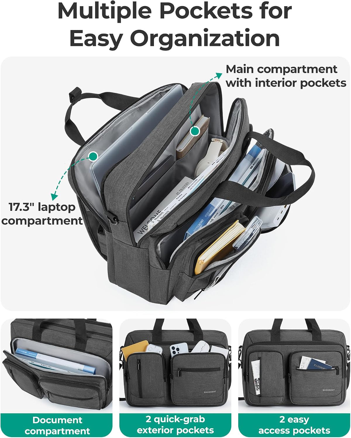 BAGSMART Bolsa para laptop 3 en 1 para hombres, maletín para comput...