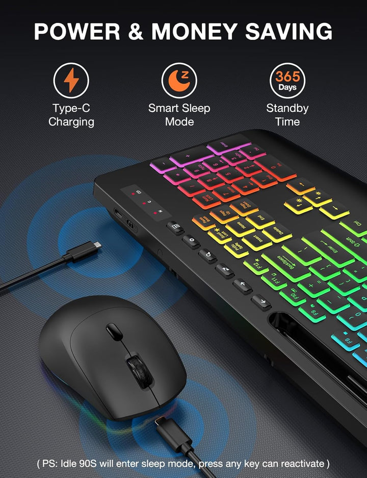Combo de teclado y mouse inalámbricos, 9 efectos retroiluminados, R...