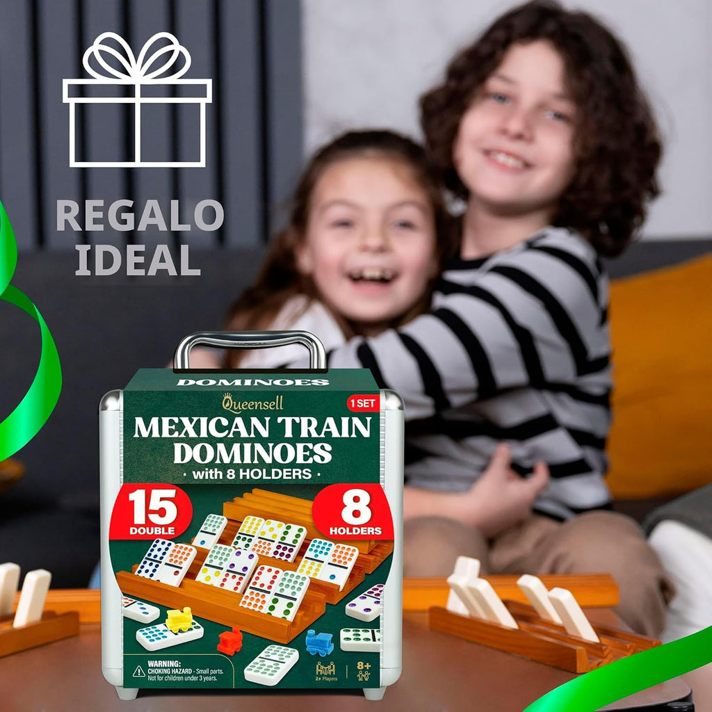 Queensell Juego de Dominó de Tren Mexicano Doble 15 con 8 Soportes - Cubo de Madera y Soportes para Fichas - Doble 15 con Puntos (D15 + 8 Soportes)