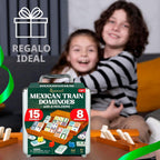 Queensell Juego de Dominó de Tren Mexicano Doble 15 con 8 Soportes - Cubo de Madera y Soportes para Fichas - Doble 15 con Puntos (D15 + 8 Soportes)