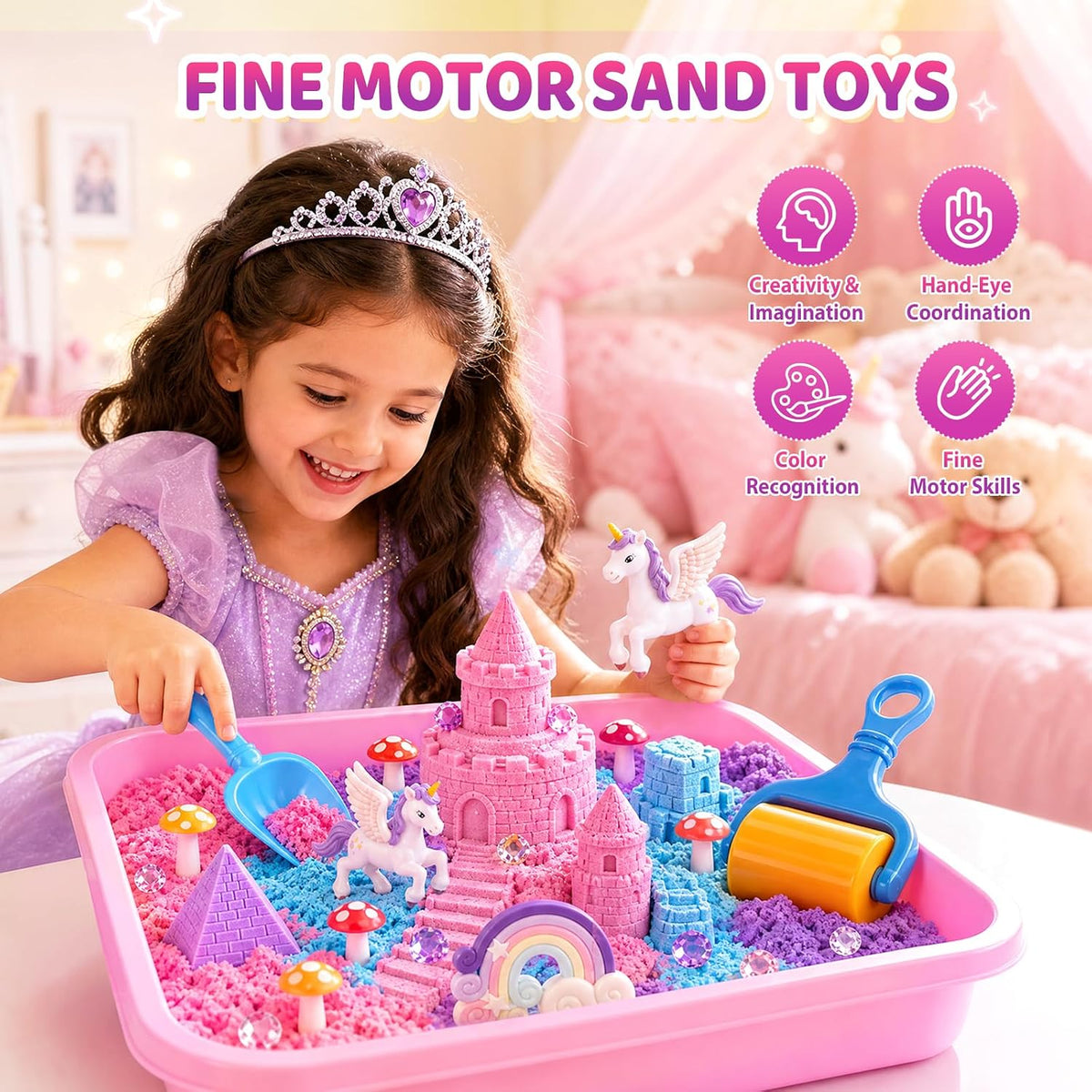 Cubo sensorial de unicornio para niños, kit de arte de arena mágica regalos