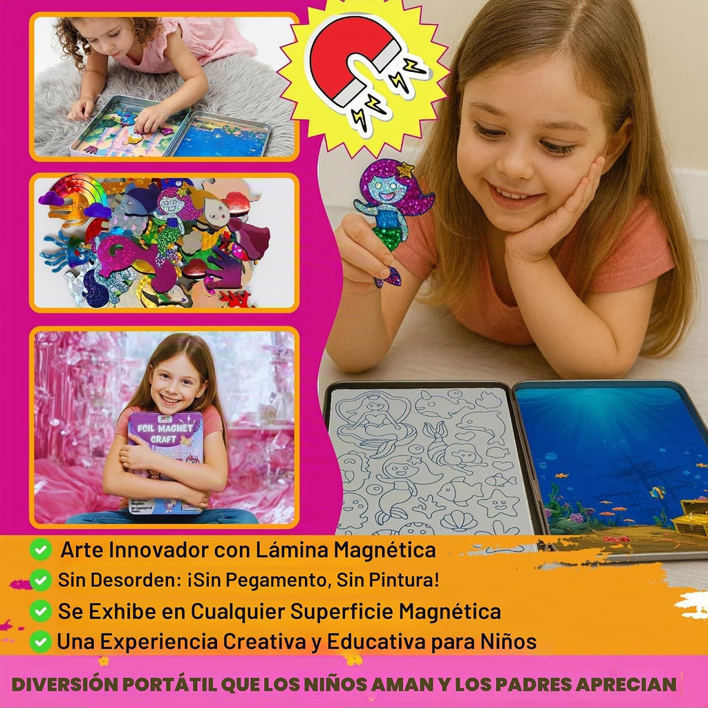 Kit de Arte en Foil Princess & Unicorn para Niñas - Caja Metálica Magnética con Imanes de Foil, Manualidad Reutilizable y Sin Desorden para Viajes, Kit DIY de Artes y Manualidades para Niñas de 4-8 y 8-12 años