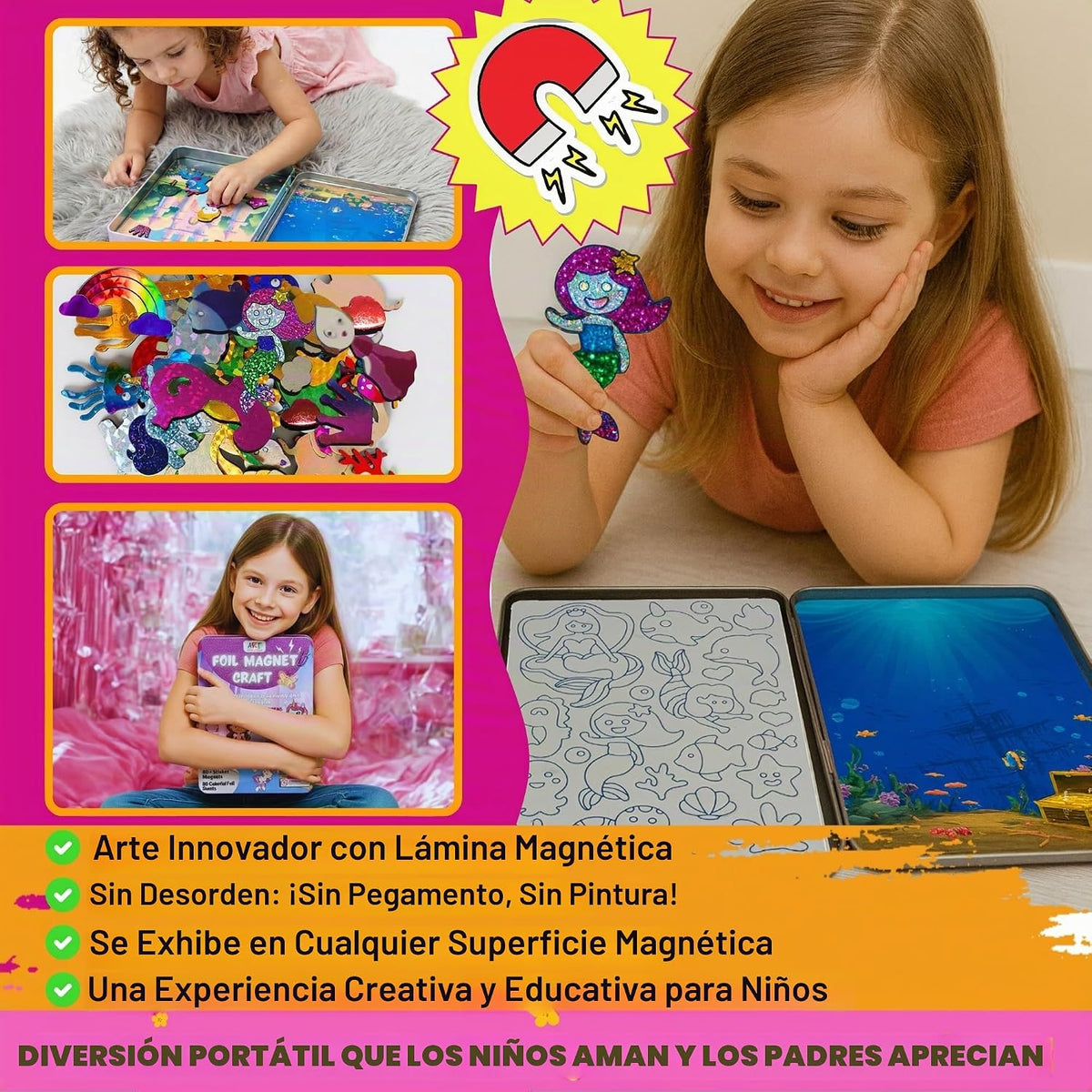 Kit de Arte en Foil Princess & Unicorn para Niñas - Caja Metálica Magnética con Imanes de Foil, Manualidad Reutilizable y Sin Desorden para Viajes, Kit DIY de Artes y Manualidades para Niñas de 4-8 y 8-12 años