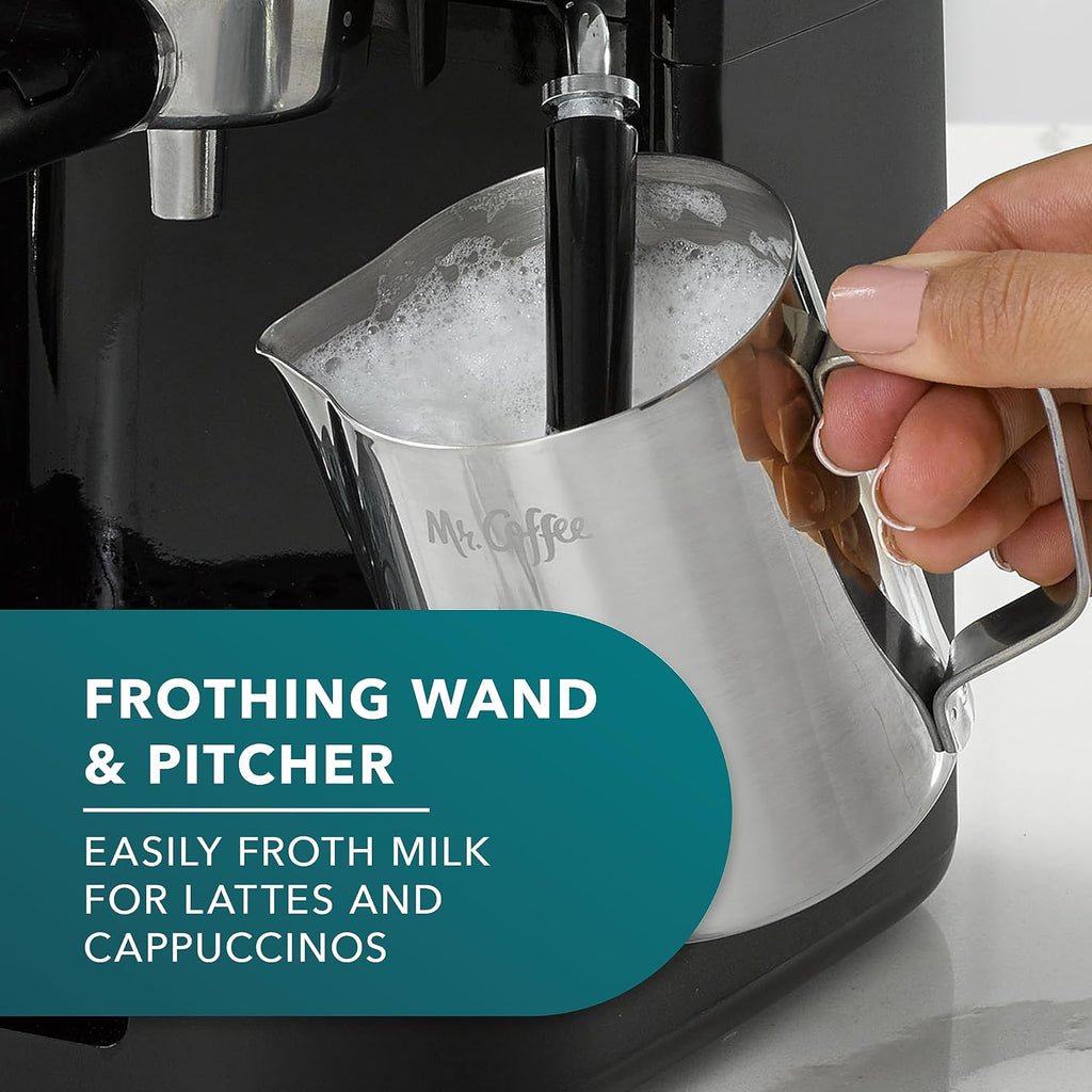 Mr. Coffee máquina al vapor de 4 tazas para preparar café expreso, capuchino y café con leche con jarra de espuma de acero inoxidable