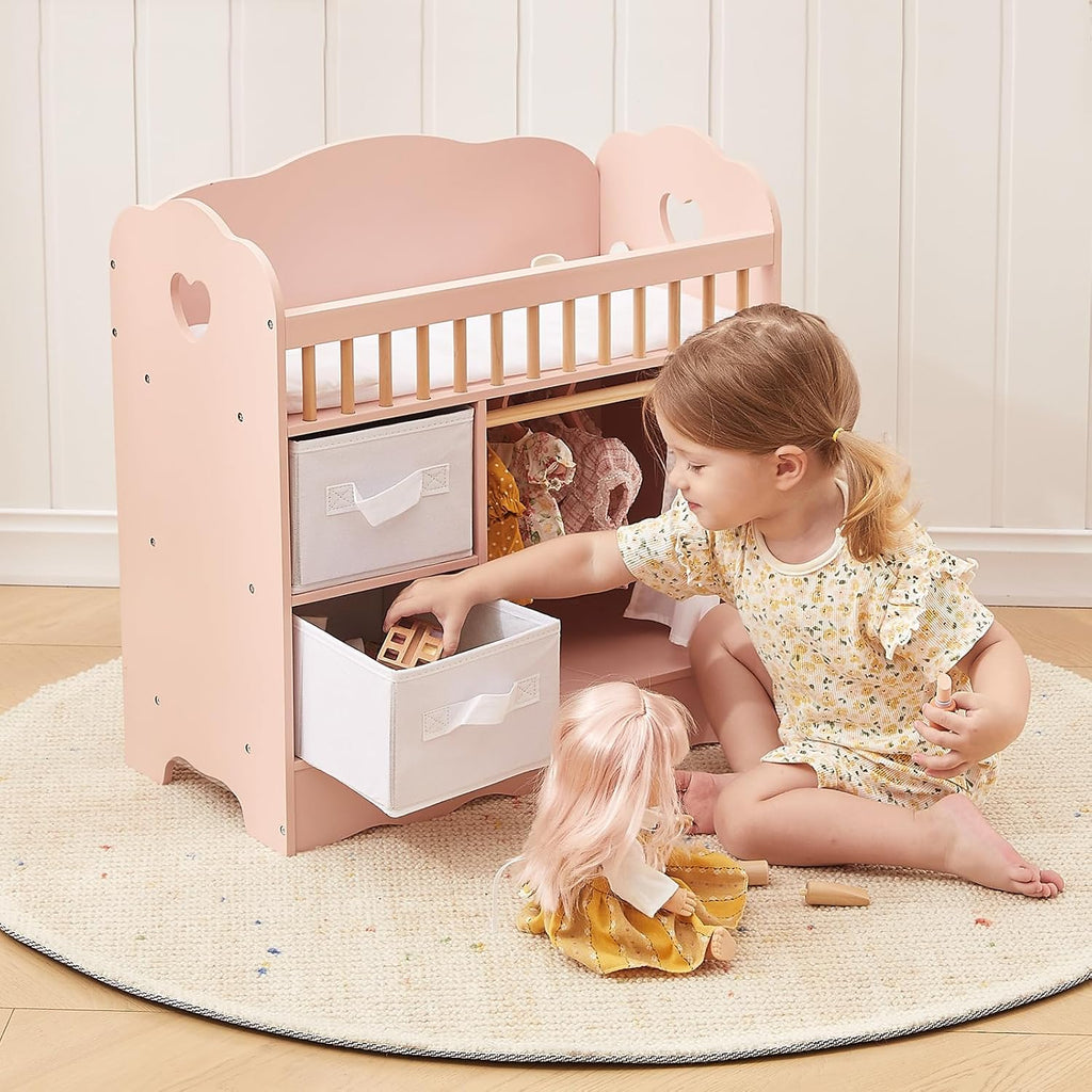 OOOK Cuna de muñeca de bebé, cama de madera para muñecas y cambiador con