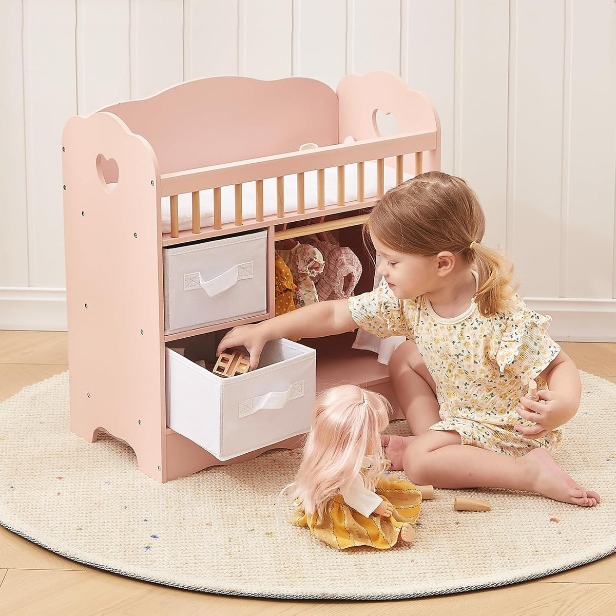 OOOK Cuna de muñeca de bebé, cama de madera para muñecas y cambiador con