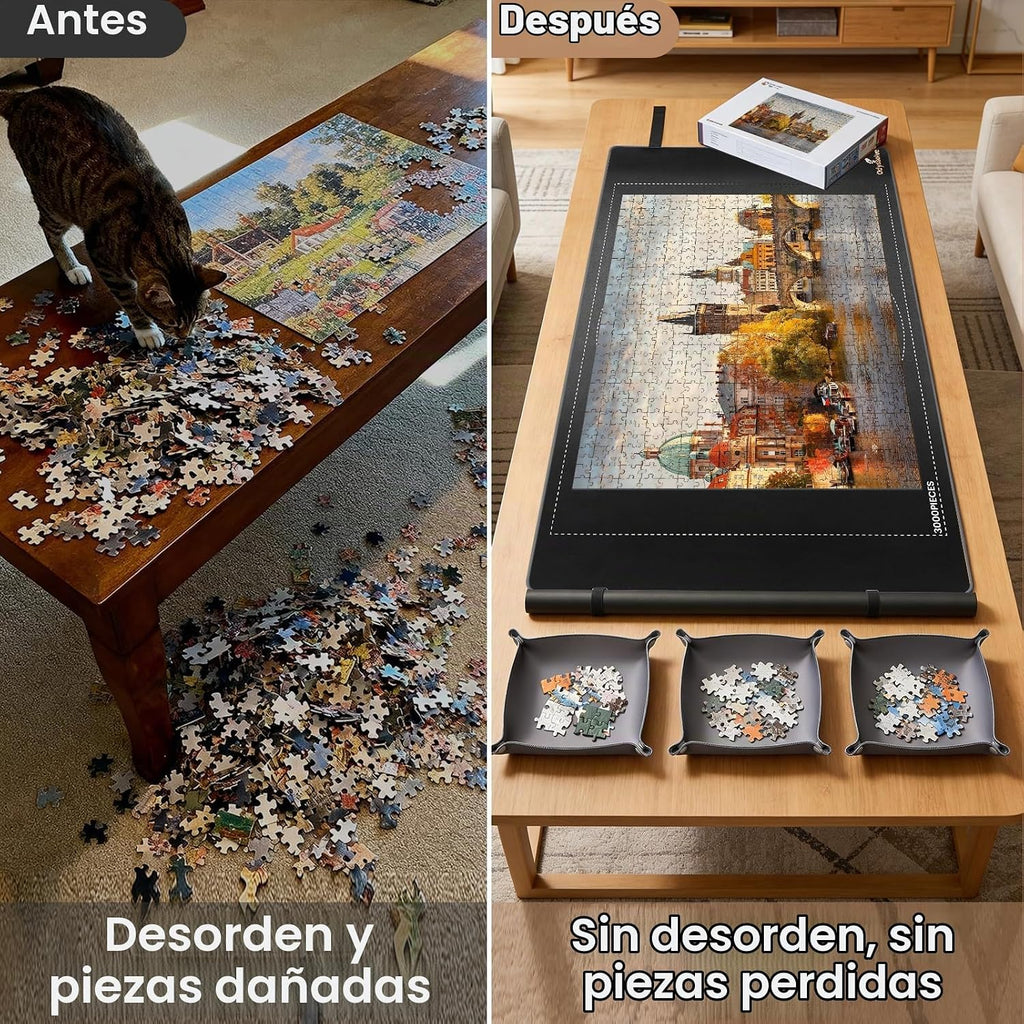 Tapete de rompecabezas enrollable para 3000 piezas, tapete de rompecabezas todo en uno de 55 x 35.4 pulgadas con tubo y correas integrados, 6 bandejas de clasificación, bolsa de almacenamiento de