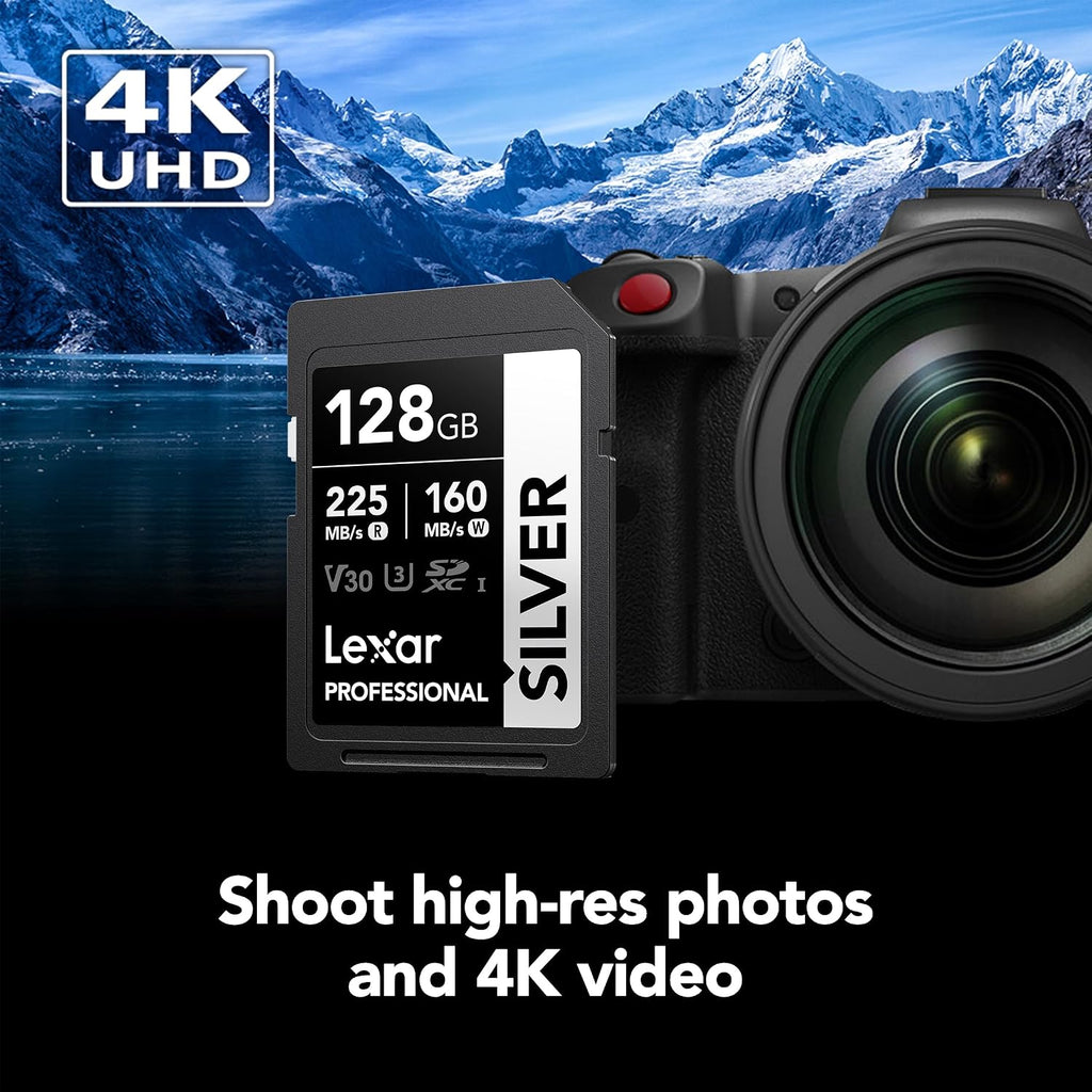 Lexar Tarjeta de memoria SD plateada de 128 GB, lectura de 225 MB/s, 4K