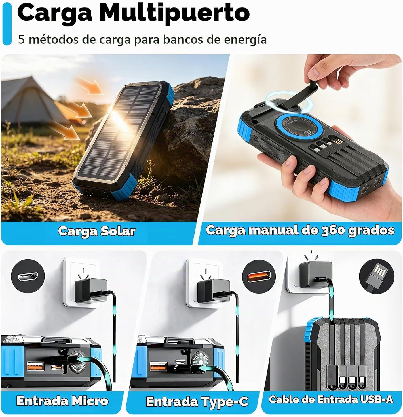 Banco de energía solar de 49800 mAh con manivela y 4 cables, cargad...