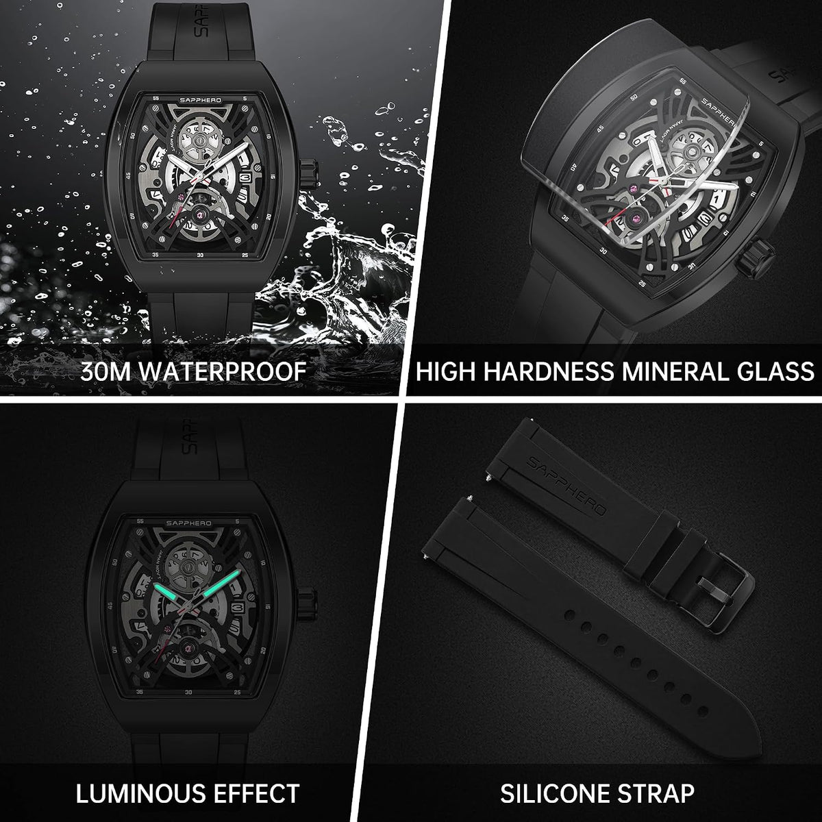SAPPHERO Relojes de vestir para hombre, relojes de cuarzo analógicos de silicona para hombre