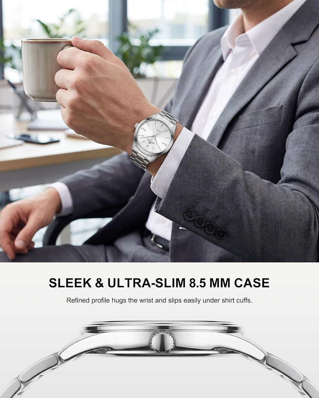 Reloj de hombre MEGALITH plateado: reloj de vestir delgado de lujo con esfera minimalista