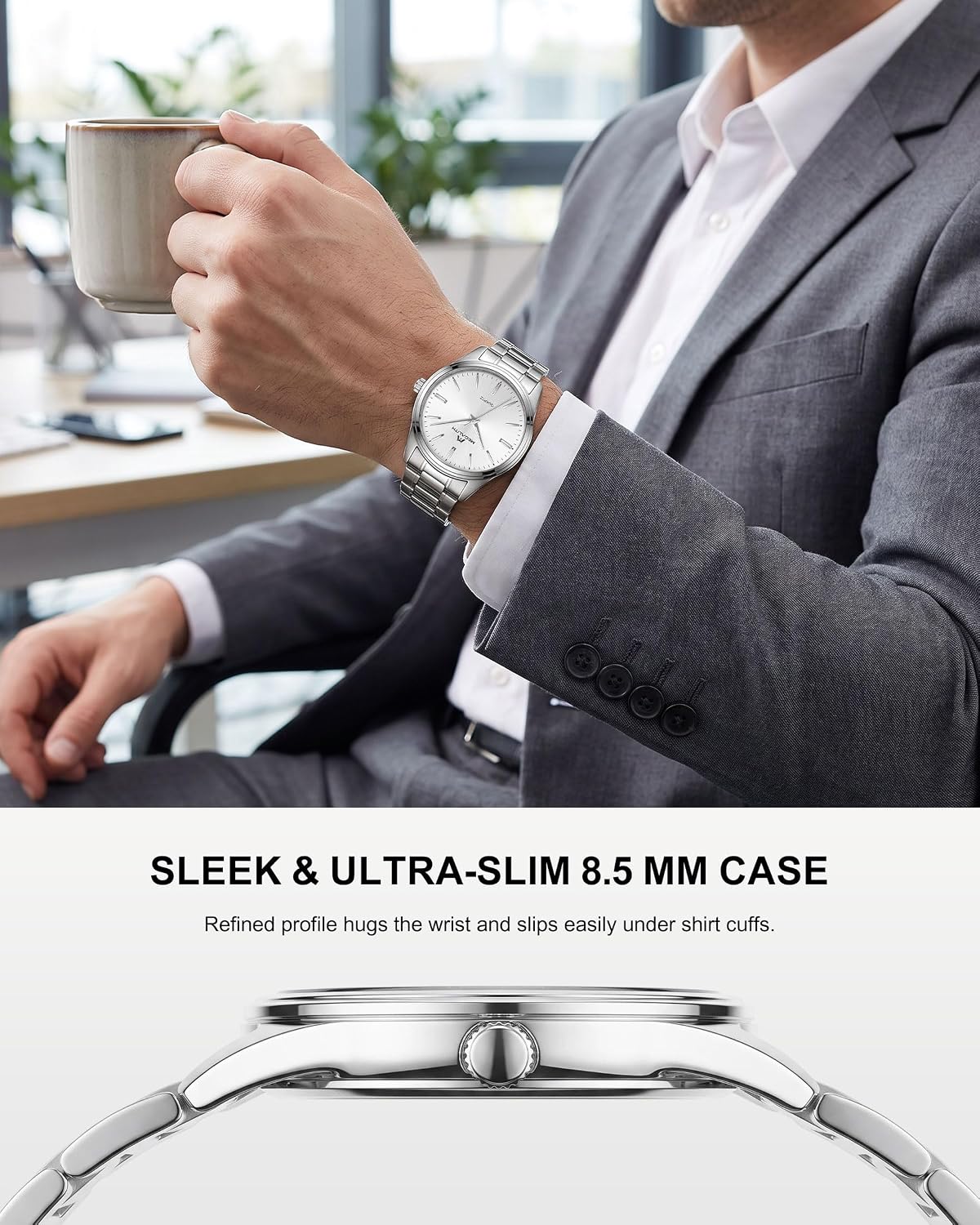Reloj de hombre MEGALITH plateado: reloj de vestir delgado de lujo con esfera minimalista