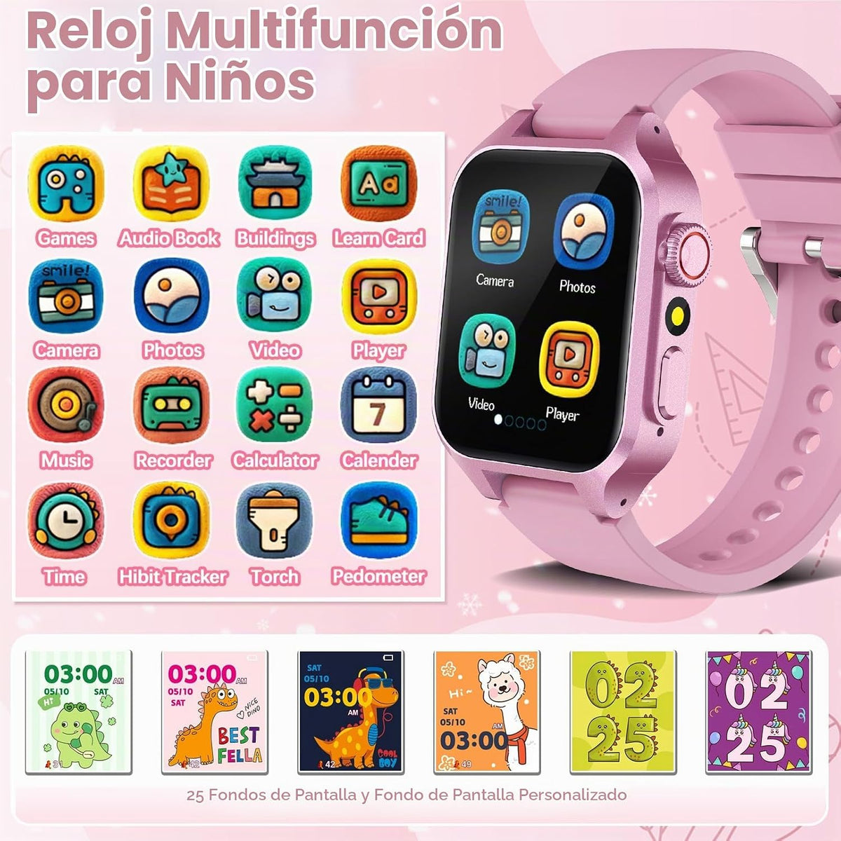 Relojes inteligentes para niñas de 3 a 12 años, juguetes de aprendizaje con 32 juegos, audiolibros, tarjetas de aprendizaje, cámara de video HD, pantalla táctil, música, podómetro, sistemas de aprendizaje, regalo de cumpleaños