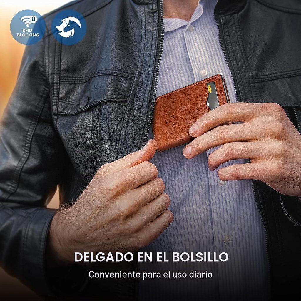 Cartera para hombre, tarjetero desplegable delgado con bloqueo RFID, billetera triple minimalista con 10 ranuras para tarjetas, bolsillo para efectivo y 2 ventanas para identificación, funda