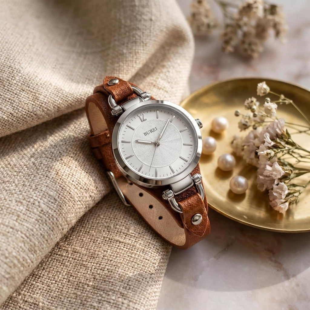 BUREI Reloj de pulsera analógico para mujer, correa de cuero, reloj analógico de cuarzo, pequeño y delgado para mujer, regalo para mujer
