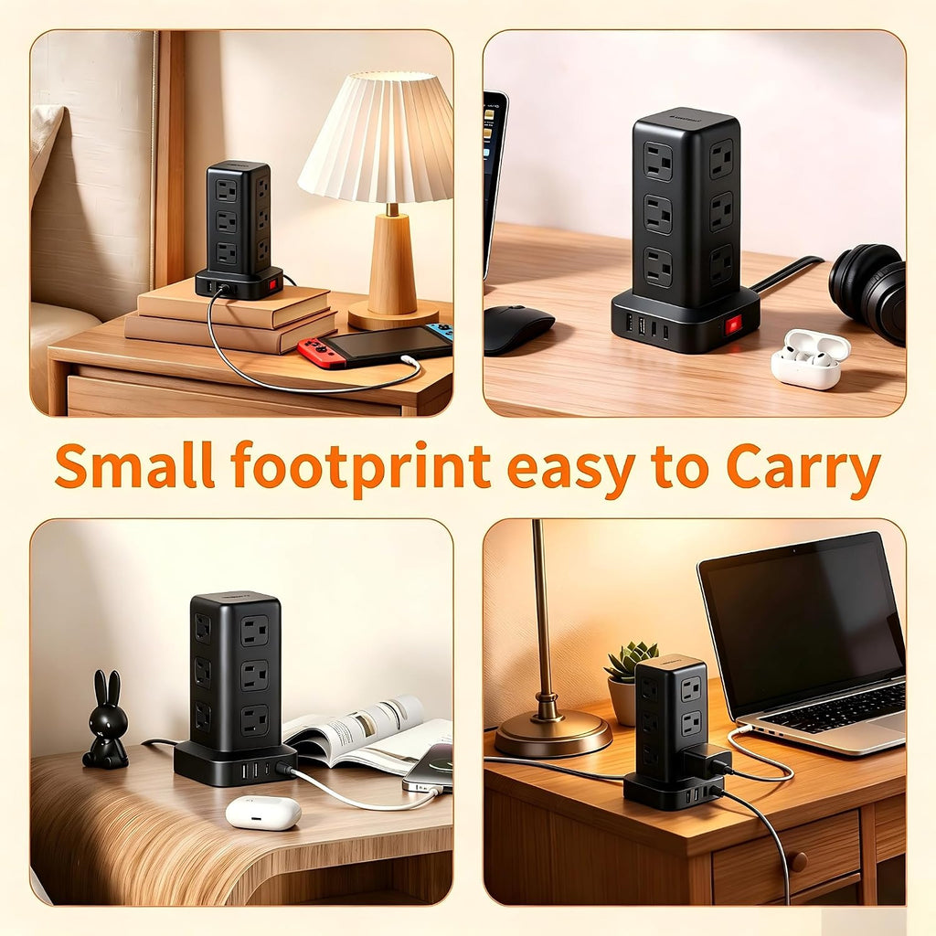 SMALLRT - Cable de extensión con múltiples tomas, torre de regleta de alimentación de enchufe plano con USB 12 salidas de CA, extensor de salida de cable de extensión ultrafino de 6.5 pies para
