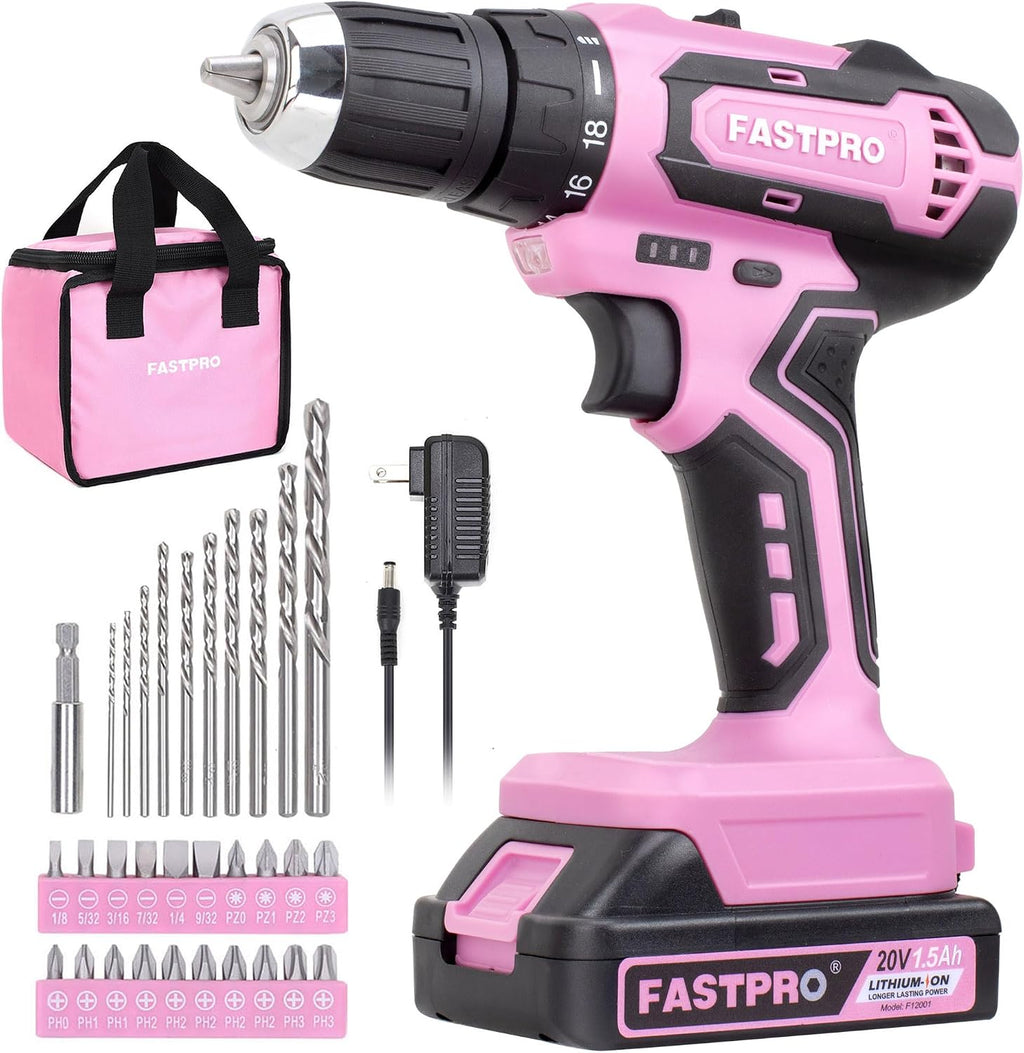 FASTPRO Taladro rosa de 20 V, kit de destornillador inalámbrico con bolsa