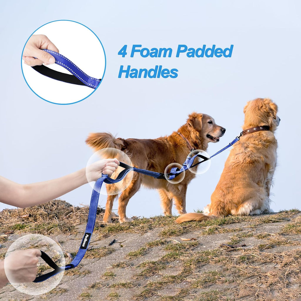 Correa doble para perros, sin enredos, doble correa, correa reflectante para entrenamiento y paseo, 4 asas acolchadas cómodas para 2 perros con tazón plegable y bolsas de desecho (Azul