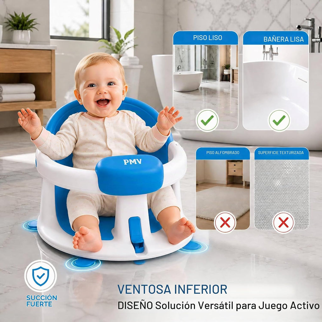 PMV Asiento de baño para bebés sentados, silla de baño antideslizante con 3 ventosas, asiento de apoyo de baño seguro y cómodo para uso en baño/ducha, diseño estable, (6 a 24 meses) (azul)