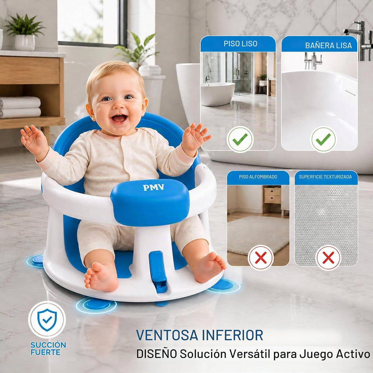 PMV Asiento de baño para bebés sentados, silla de baño antideslizante con 3 ventosas, asiento de apoyo de baño seguro y cómodo para uso en baño/ducha, diseño estable, (6 a 24 meses) (azul)