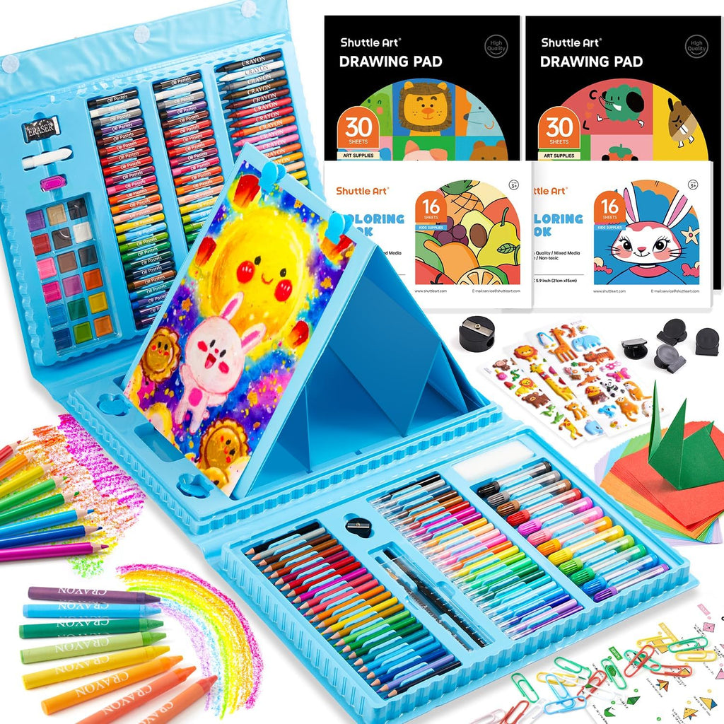 Shuttle Art Juego de Arte para Niños de 335 Piezas, Suministros de Arte Multimedia, Kit de Arte de Regalo con Caballete Tríptico, 2 Blocs de Dibujo, 2 Libros para Colorear, Pasteles al Óleo, Crayones