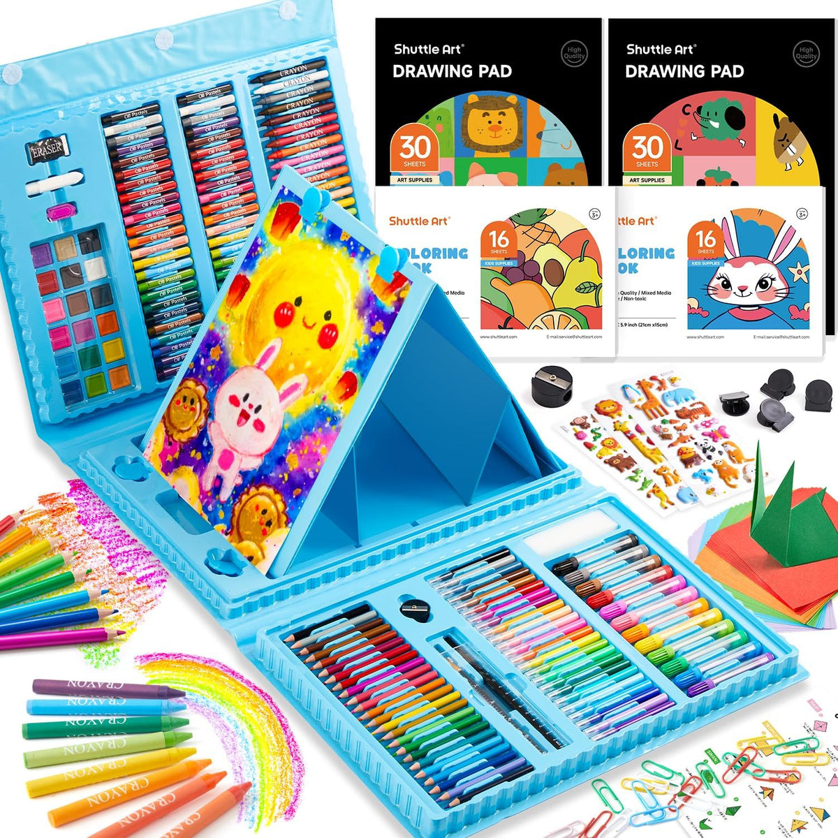 Shuttle Art Juego de Arte para Niños de 335 Piezas, Suministros de Arte Multimedia, Kit de Arte de Regalo con Caballete Tríptico, 2 Blocs de Dibujo, 2 Libros para Colorear, Pasteles al Óleo, Crayones