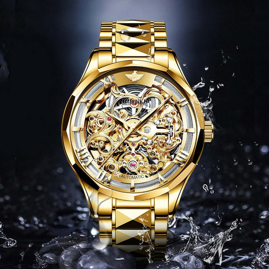 OLEVS Relojes automáticos para hombre esqueleto dorado acero inoxidable