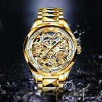 OLEVS Relojes automáticos para hombre esqueleto dorado acero inoxidable