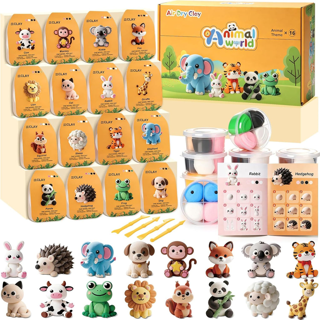 Kit de arcilla seca al aire, 16 animales para modelar arcilla mágica de secado al aire para niños, kits de arcilla de moldeo suave y no pegajosa con herramientas instrucciones para el hogar, regalos