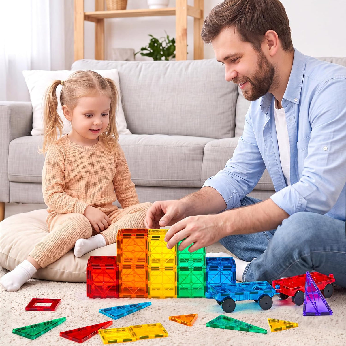 Gemmicc Azulejos Magnéticos, Deluxe 136 Piezas Bloques de Construcción Juguetes Magnéticos para Niños, Rompecabezas Magnéticos 3D Bloques Apilables para Niños y Niñas, Conjunto Enorme con 2 Carros