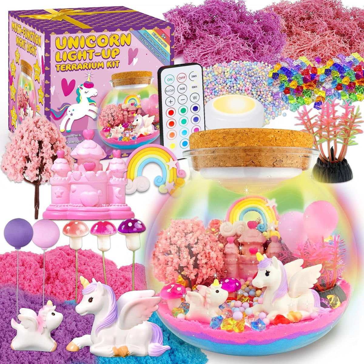 7july Kit de manualidades de terrario de unicornio para niños, luz nocturna LED y control remoto, regalos de cumpleaños de unicornio, juguetes para niñas de 5, 6, 7, 8, 9, 10 años, regalos de Navidad para niñas