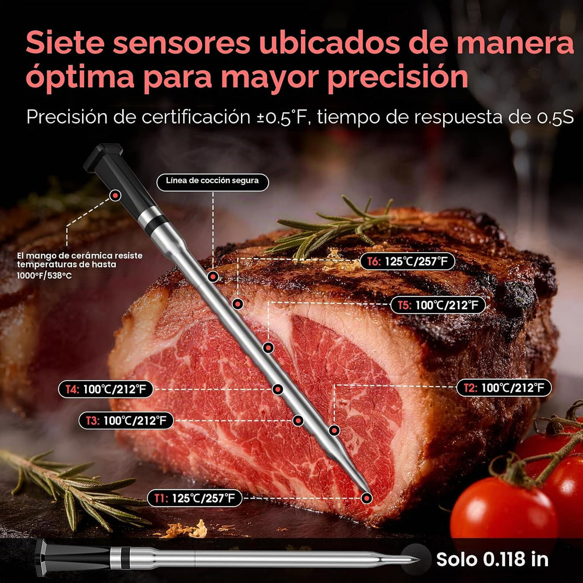 Termómetro inalámbrico inteligente WiFi para carne con alcance ilimitado, 7 sensores certificados NIST, precisión de ±0.5°F, Sub-1G (10 veces más fuerte que Bluetooth), APP y base digital