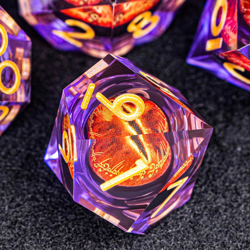 DND Gaze - Juego de 7 dados poliédricos de núcleo líquido para juego de rol de Dungeons Dragons RPG, dados D y D con bordes afilados de resina con caja de regalo D6 D8 D10 D12 D20 (morado