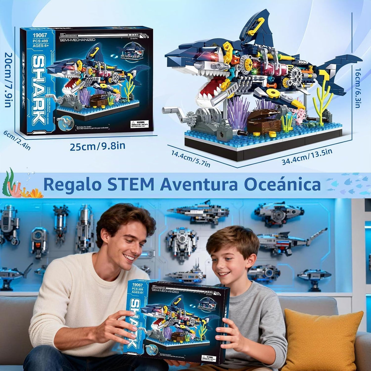 Juego de bloques de construcción de tiburón, juguetes mecánicos giratorios de tiburón, regalos de cumpleaños para niños y niñas a partir de 6 años, diseño de peces de tiburón, decoración de oficina en casa
