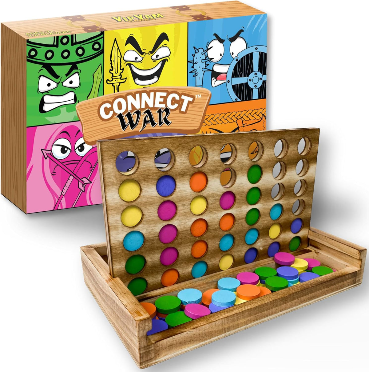 Connect War - Juego de mesa 4 en fila para 2 a 6 jugadores, juegos de madera hechos a mano para juegos familiares y grupales, juego de madera cuatro en una fila