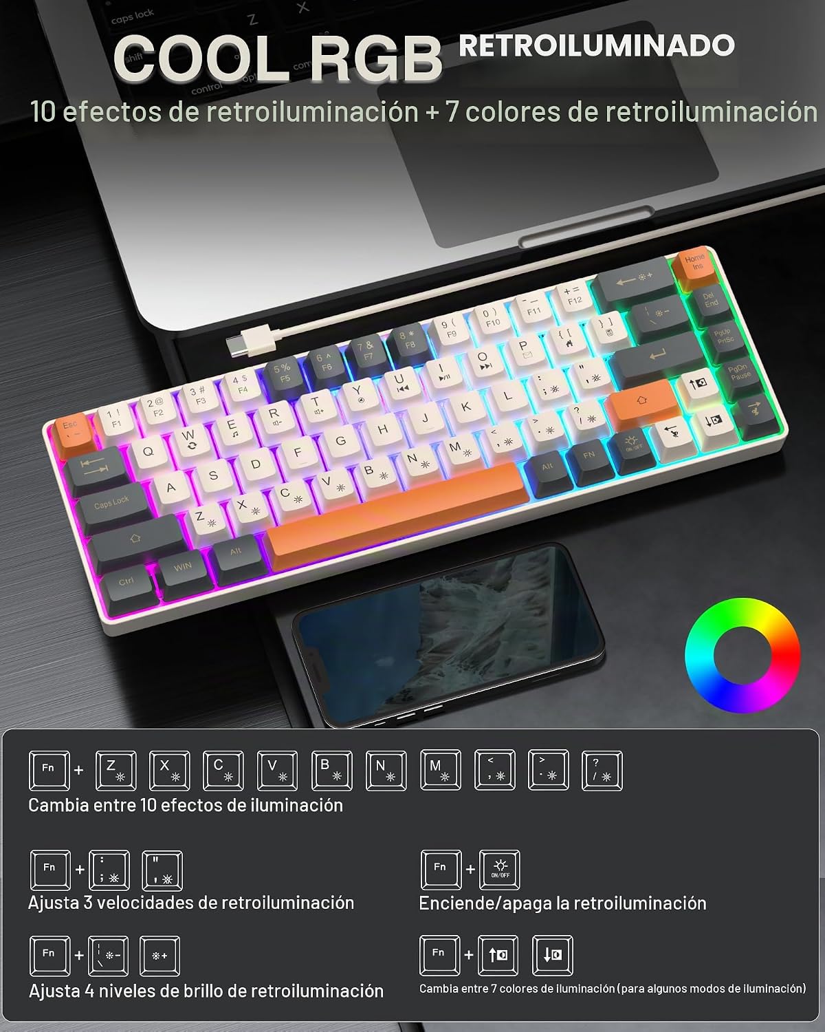 CORBOBO Teclado 60%, teclado para juegos retroiluminado RGB con cab...
