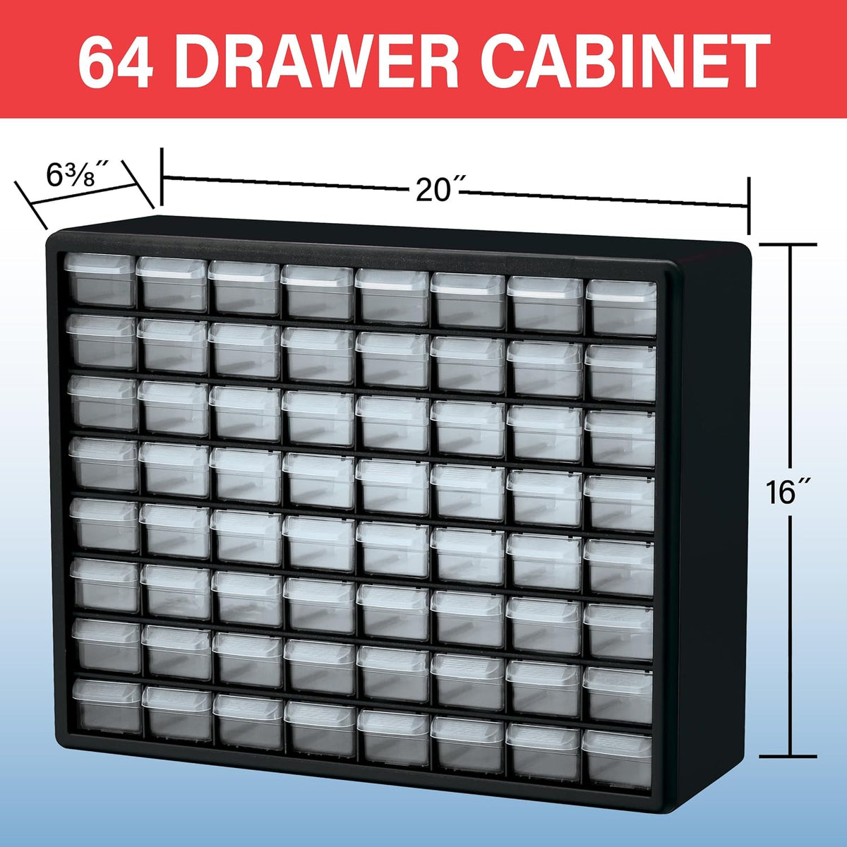 Akro-Mils 10164 64 Piezas de plástico de equipo de almacenamiento y Gabinete cajón, 20 x 16 x 6-1/2 pulgadas, color negro