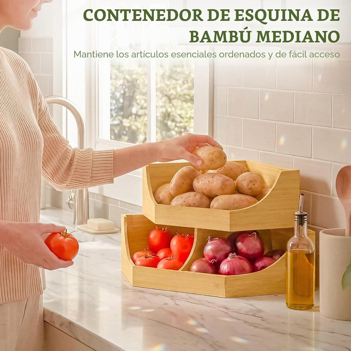 HOMESTEAD Contenedor de almacenamiento esquinero de bambú, apilable de 2 niveles para almacenamiento de papas y cebollas para mostrador de cocina, estante de esquina de madera, organizador de despensa