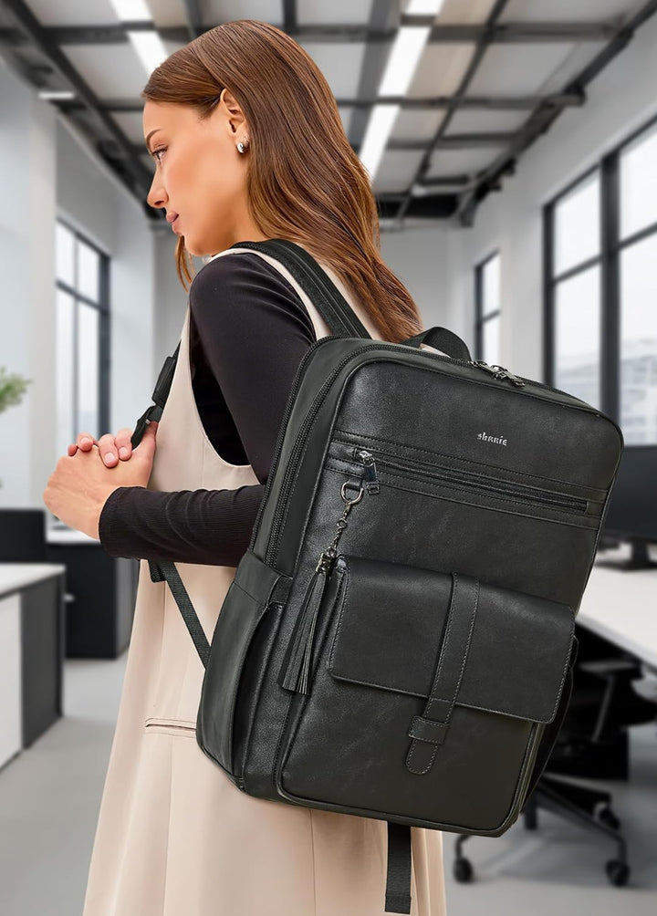 Shrrie Mochila para portátil de cuero vegano de 16 pulgadas con car...