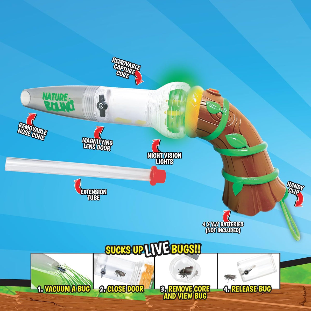 Nature Bound - Juguete para atrapar insectos, aspiradora de insectos ecológica, atrapar y liberar para jugar en interiores y exteriores, edades de 3 a 12, kit completo para niños (Estilo mejorado)