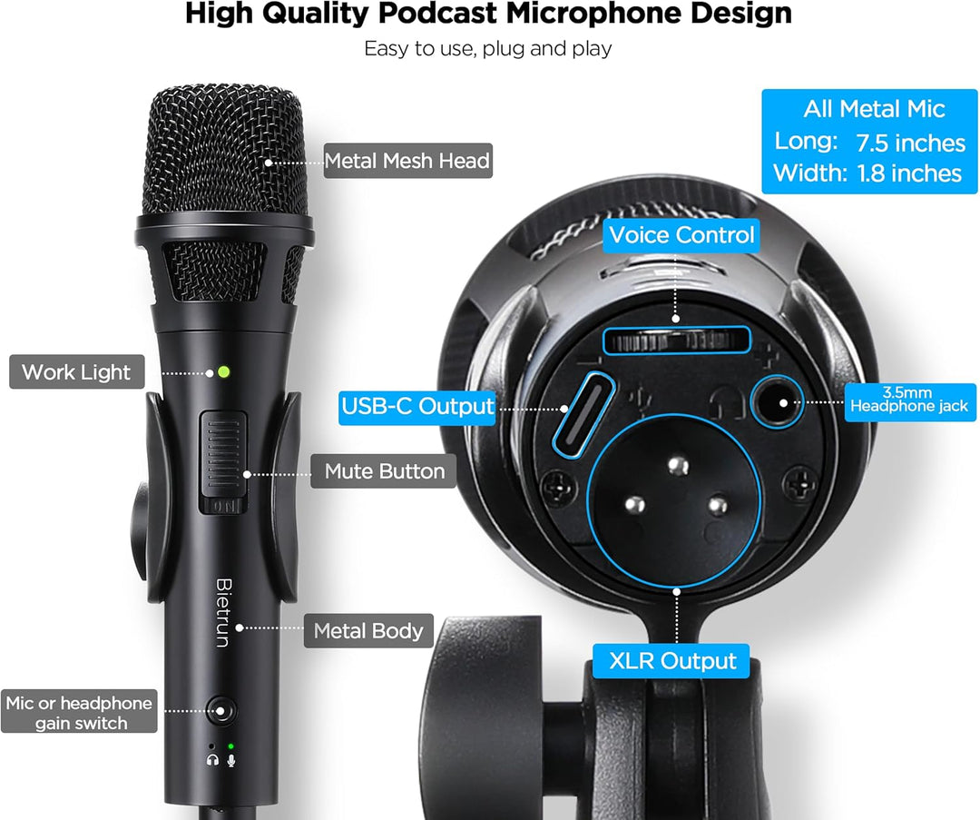 Xlr Micrófono dinámico USB para grabación de canto, micrófono de gr...