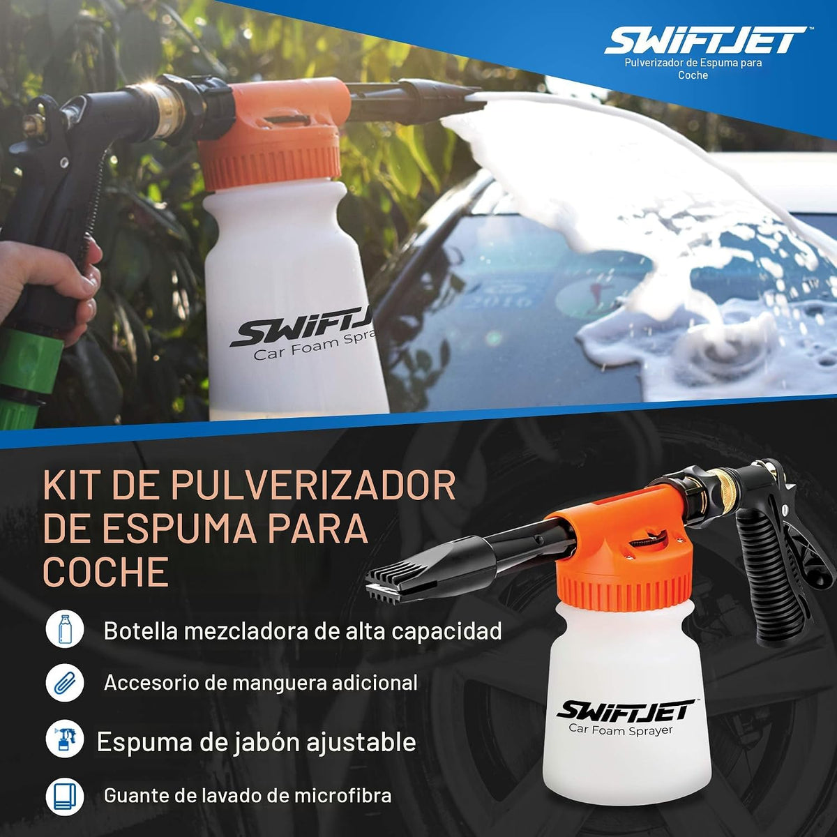 SwiftJet Pistola de espuma para lavado de autos + guante de lavado de microfibra, cañón de espuma que funciona con cualquier jabón, rociador de espuma para manguera de jardín, kit de lavado de autos, accesorios de automóvil (pistola de espuma naranja con