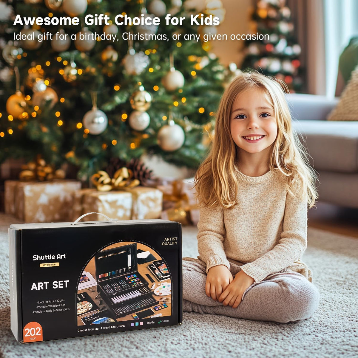 Shuttle Art - Juego de regalo de arte de lujo, set de 202 piezas de suministros de arte de madera con 4 blocs de dibujo, lienzos, hojas para colorear, pintura acrílica, crayones, pasteles al óleo