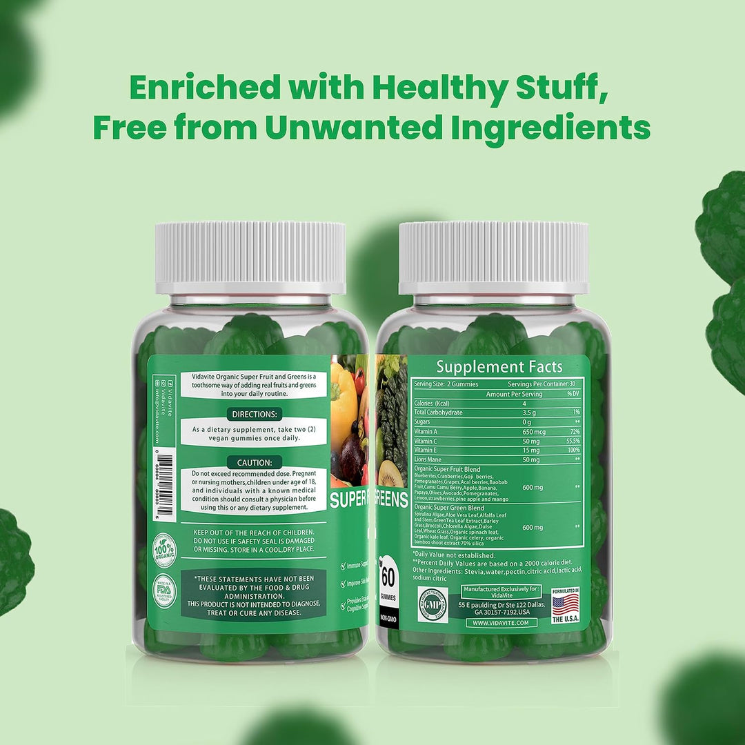 VIDAVITE Gomitas Super Greens sin azúcar, hechas en Estados Unidos,...