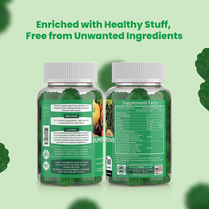 VIDAVITE Gomitas Super Greens sin azúcar, hechas en Estados Unidos,...